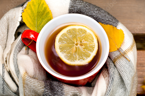 red mug and lemon wrapped in a blanket on a bench, leaves