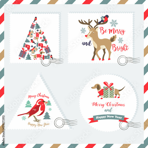 Set of Holiday backgrounds, stamps with funny characters and elements for Christmas or New Year