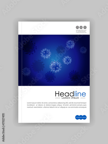 Realistic virus vector on blue background. Medical journal cover template