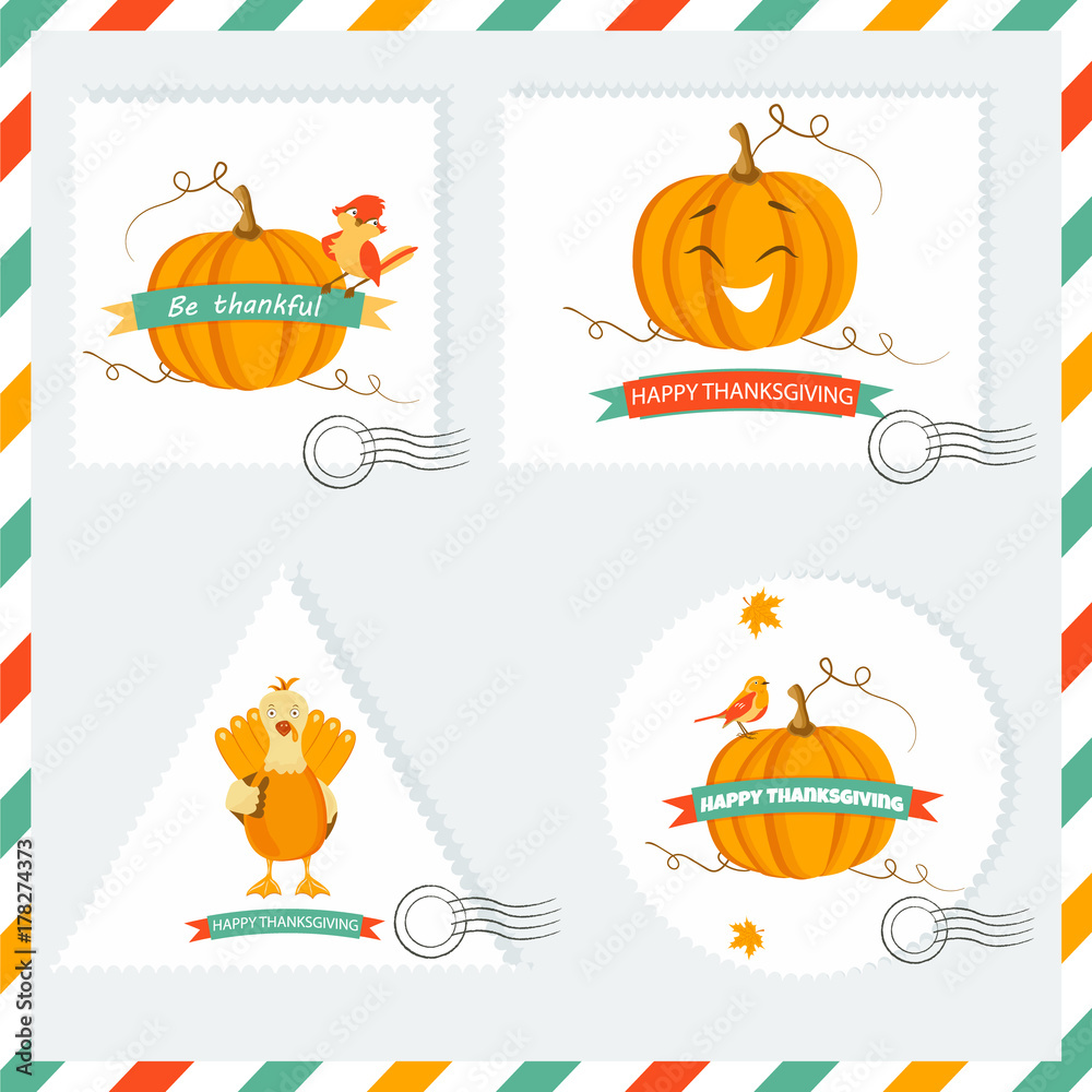 Set of Holiday backgrounds ans stamps with pumpkins, turkey and sparrow for Thanksgiving day