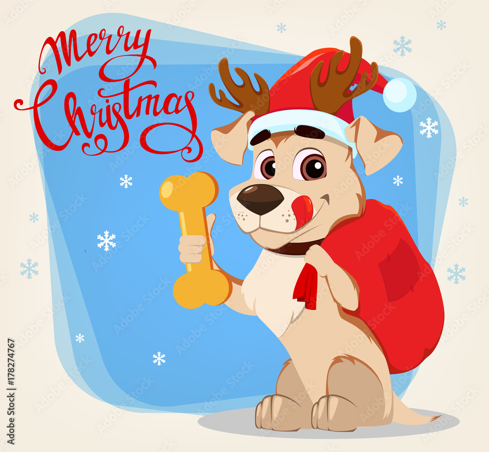 Naklejka premium Funny dog wearing Santa Claus hat and deer antlers holding bag with gifts and tasty bone.