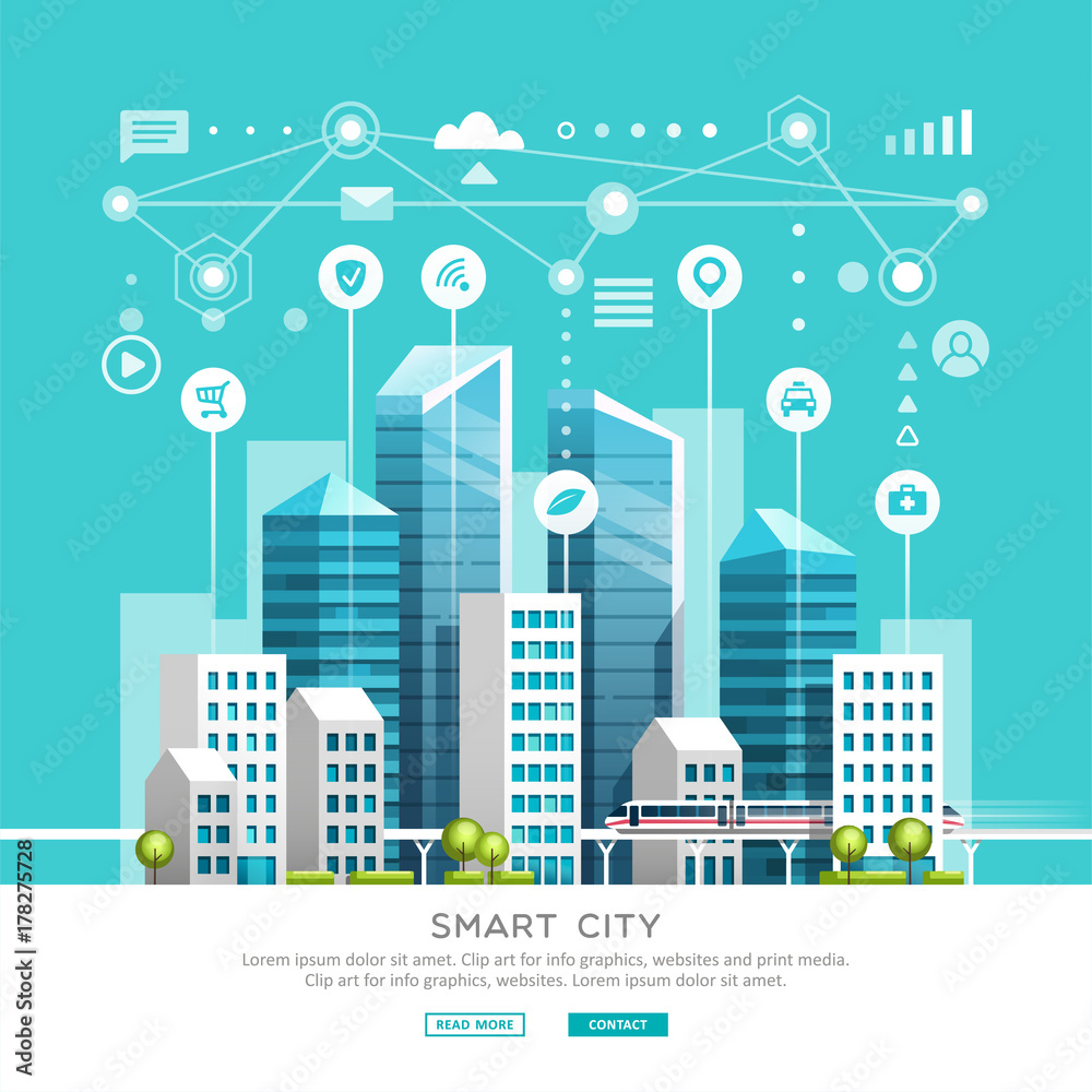 Concept of smart city with different icons and elements. Future technology for living. Urban landscape with buildings and skyscrapers. Vector illustration.