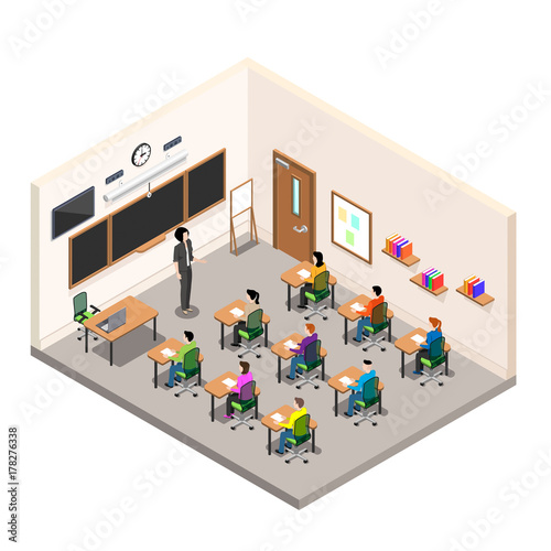 a school room for study, a classroom with desks and a school board, a modern class in isometric style, the teacher conducts an examination among schoolchildren