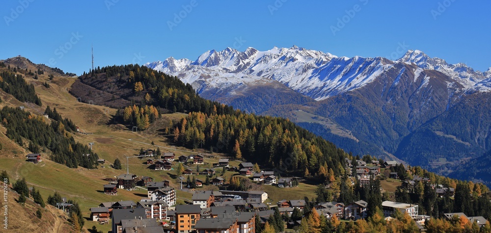 Riederalp, village and holiday resort in Valais Canton, Switzerland. Autumn day.