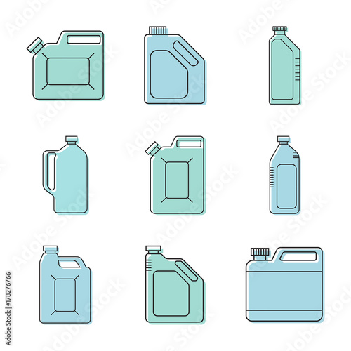 Blank Plastic Canisters. Modern thin line icons set. outline symbol collection. Engine oil. Plastic Packaging for Machine Oil, Water, Milk. Vector.