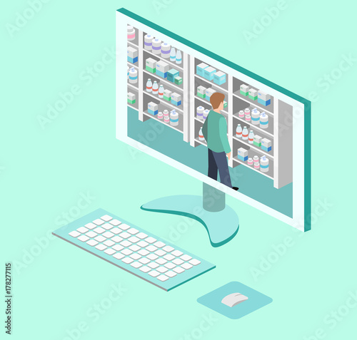 Isometric interior of pharmacy. Flat 3D infographic illustration