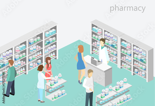 Isometric interior of pharmacy. Flat 3D infographic illustration