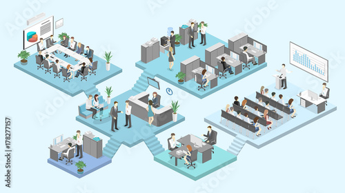 Isometric flat 3d abstract office floor interior departments concept vector.
