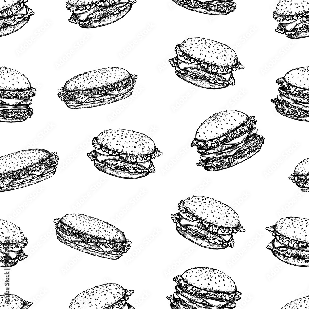 Sketch hamburger or burger vector seamless pattern. fast food, restaurant   drawn illustration for wallpaper Stock Vector | Adobe Stock