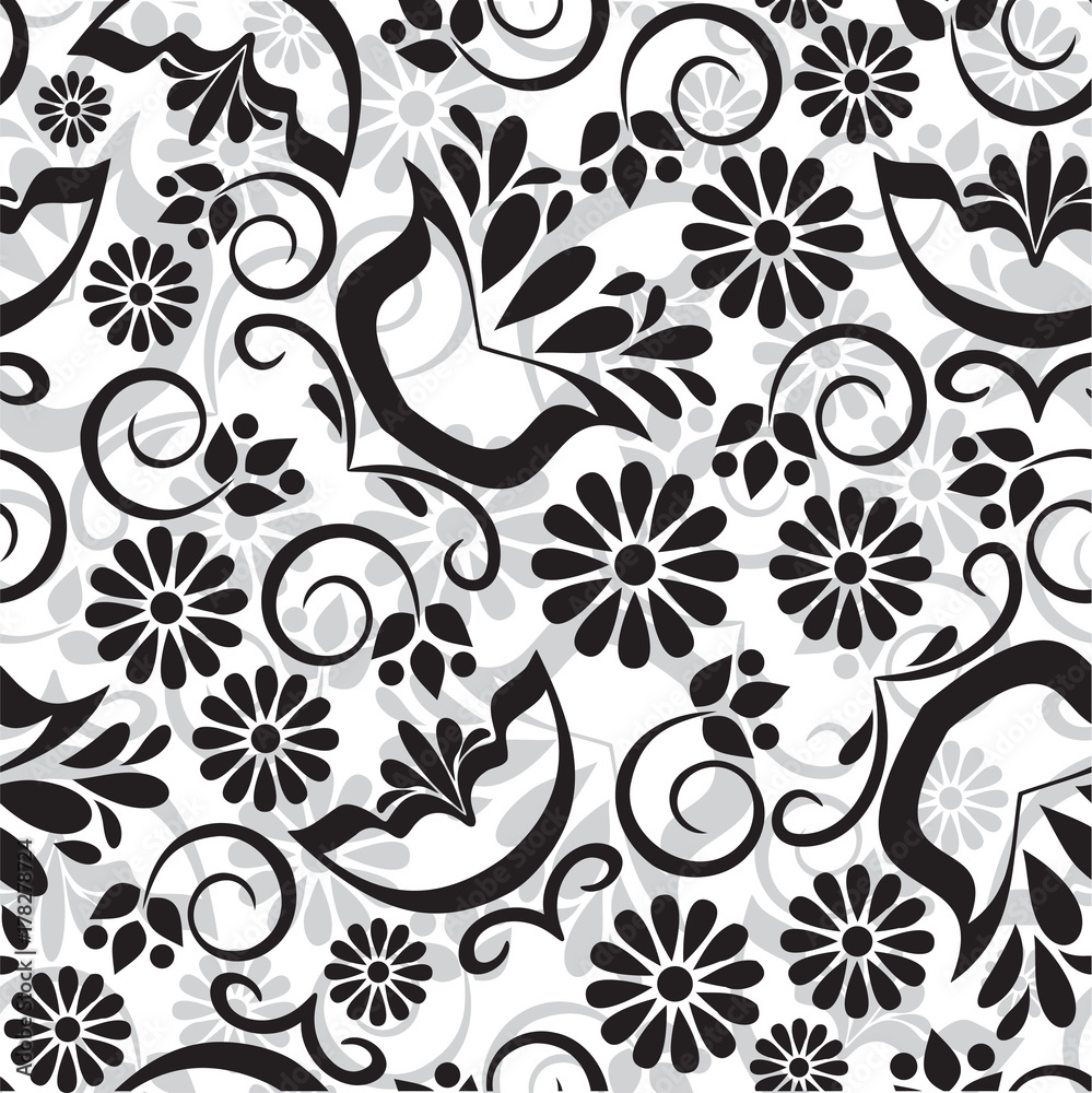 Black and white vector floral pattern. Folklore, boho style flowers ...