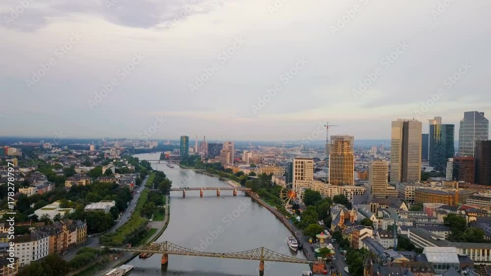 aerial view of Frankfurt city with river and skyscrapers aerial view of Frankfurt city with river and skyscrapers