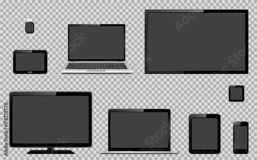 Set of realistic TV, computer monitor, laptops, tablet, mobile phone, smart watch and GPS navigation system device with blank empty screen