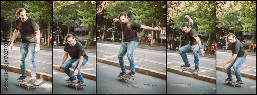 Manhole skateboarding street jump sequence. Free ride school skateboard