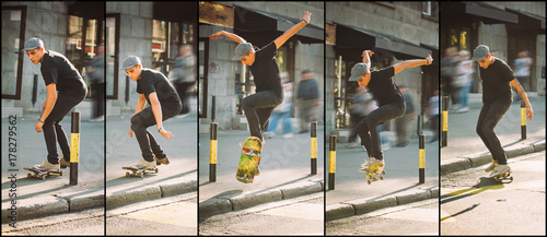 Skateboard curb and roadside street jump sequence. Freeride school skateboarding