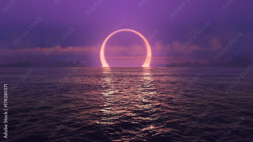Purple sunset and solar eclipse over seamlessly looped ocean. 