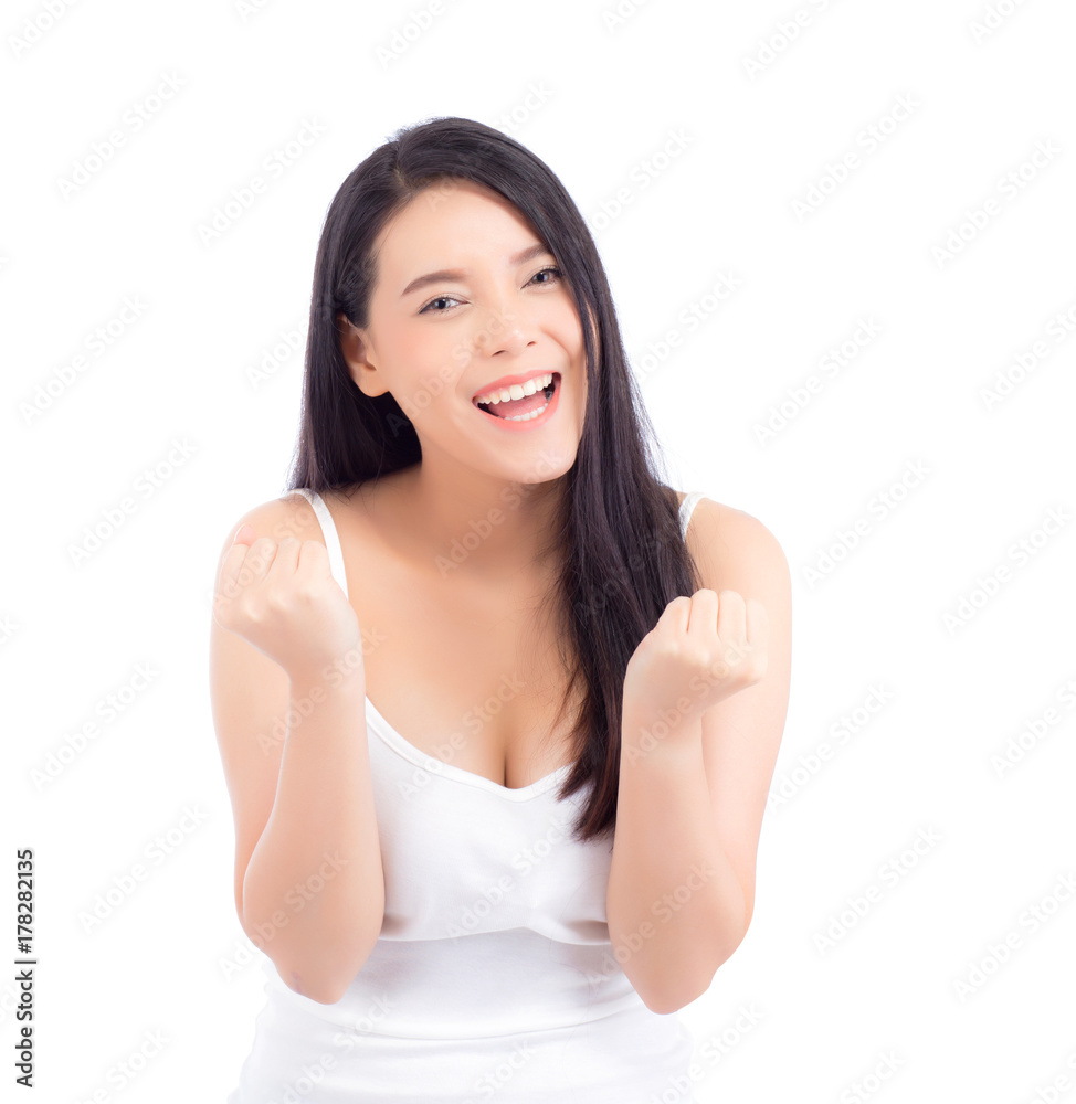 Portrait of beautiful asian woman makeup of cosmetic - girl hand gesture glad on attractive face with skin healthcare concept isolated on white background. Portrait of beautiful asian woman makeup of cosmetic - girl hand gesture glad on attractive face with skin healthcare concept isolated on white background.
