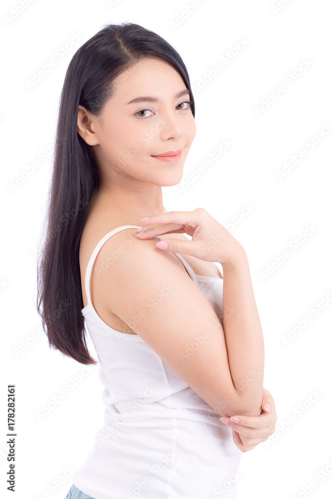 Portrait of beautiful asian woman makeup of cosmetic - girl hand touch shoulder and smile on attractive face with skin healthcare concept isolated on white background. Portrait of beautiful asian woman makeup of cosmetic - girl hand touch shoulder and smile on attractive face with skin healthcare concept isolated on white background.