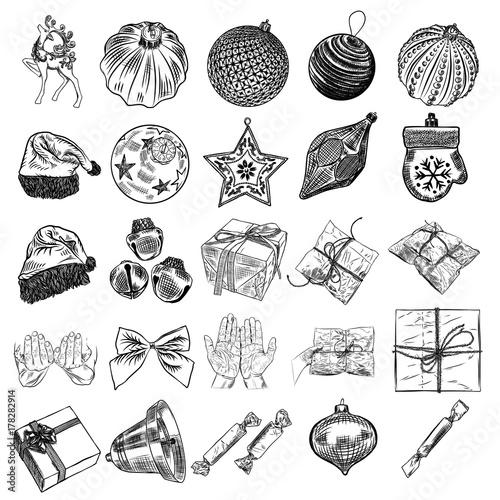 Christmas icons set with decorations, deer, Santa Claus hat, mitten, jingle bell, plants, scissors, wrap boxes with bows, glove, candy.  Holiday hand drawn sketch collection  DIY designs. Vector.
