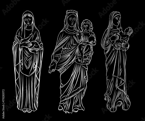 Set of Virgin  Mary or Saint Mary or Mother of God with baby Jesus Christ in her hands. Birth of Jesus. Hand drawn illustration. Blackwork adult flesh tattoo. Christmas holiday template. Vector.