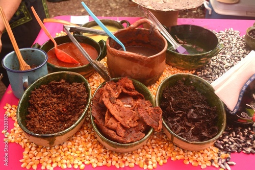 Jerky beef and spicy sauces for making Tlayuda in Mexico photo
