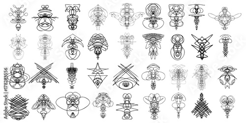 Set of symmetrical graphic design elements. Abstract geometric hand drawn symbols styles shapes. Occultism, sacred geometry magic alien. Vector.