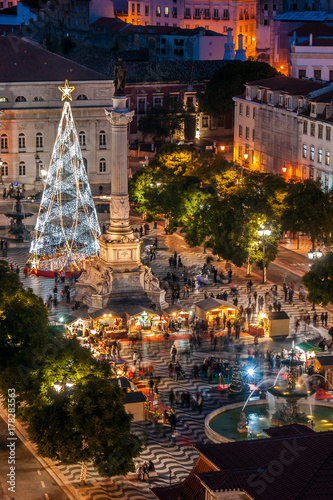 Rossio square decorated with a Christmas tree, in Lisbon Portugal