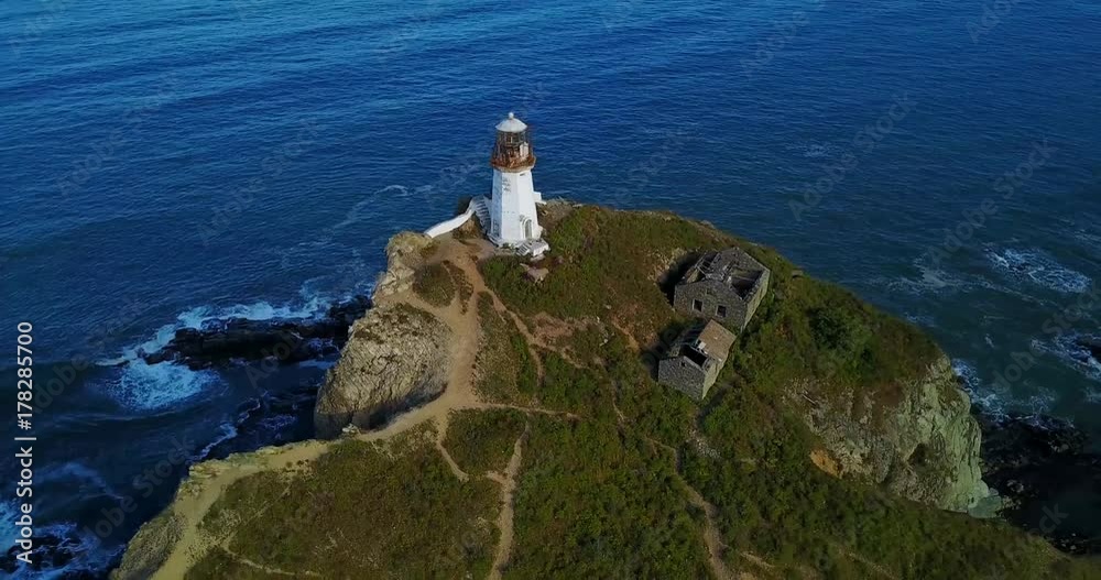 Amazing aerial panoramic view of the lighthouse Brinera, octahedral tower in the shape of truncated pyramid with lantern. It's 72m height built in 1919 in Far East of Russi