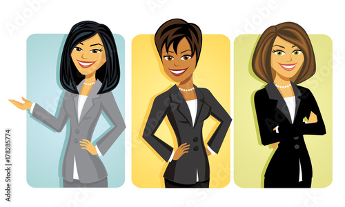 A set of three diverse cartoon business women in sassy poses