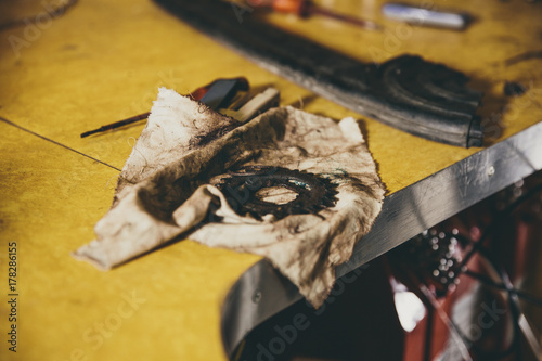 Bicycle sprocket on a dirty cloth