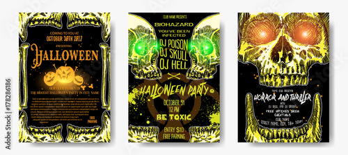 Set of hand drawn toxic and thriller Halloween celebration cards and flayers with lettering and scary human skulls and skeleton parts. Halloween poster and banners decoration background Vector.