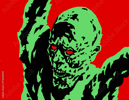Green angry zombie attacks. Vector illustration.