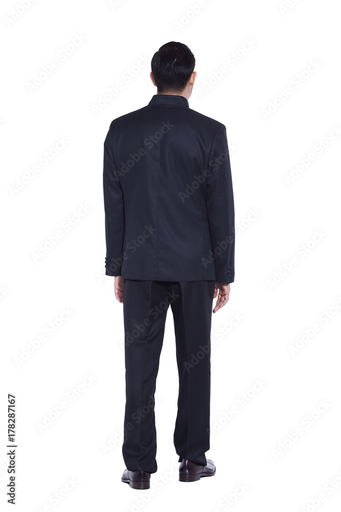 Black Suit Businessman standing with back to the camera or from behind, black pant white shirt, isolated on studio lighting white background Black Suit Businessman standing with back to the camera or from behind, black pant white shirt, isolated on studio lighting white background