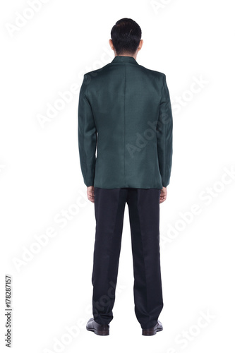Green Suit Businessman standing with back to the camera or from behind, black pant white shirt, isolated on studio lighting white background