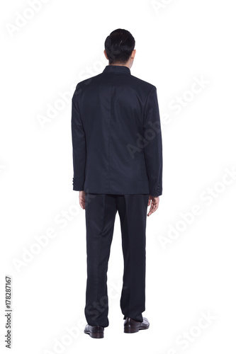 Black Suit Businessman standing with back to the camera or from behind, black pant white shirt, isolated on studio lighting white background