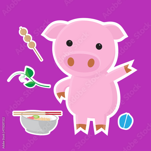 Cute pig cartoon sticker set on blue background