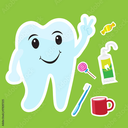Cute teeth cartoon sticker set on blue background