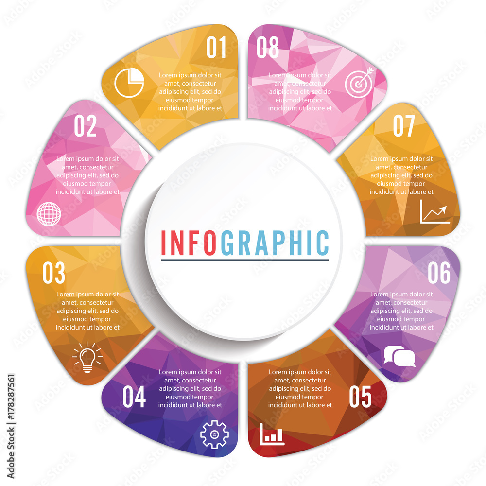 Vector connected polygon infographic diagram. Circular chart with 8 options. Paper progress steps for tutorial. Business concept sequence banner. EPS10 eight parts puzzle workflow layout. Vector connected polygon infographic diagram. Circular chart with 8 options. Paper progress steps for tutorial. Business concept sequence banner. EPS10 eight parts puzzle workflow layout.