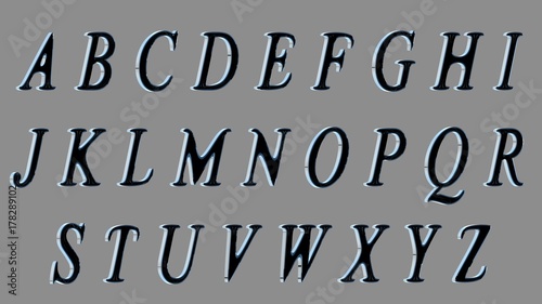 3D alphabet, uppercase letters. Black in front, metallic at sides letters. Isolated.. Smoothed version.
