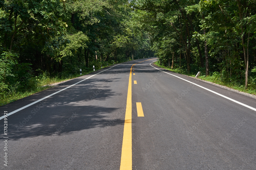 the small rural asphalted curve or bend road in Thailand.  Road in forest.