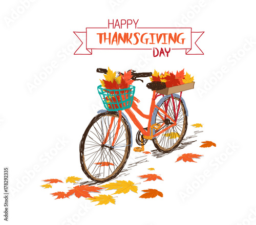 Happy Thanksgiving Day. Hand drawn tintage bicycle with autumn leaves in rear basket