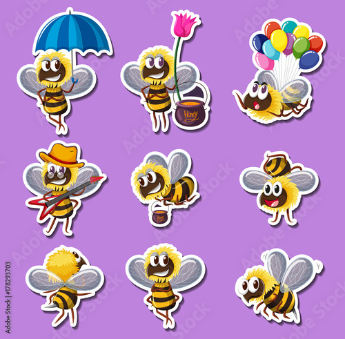 Sticker design for bee in different actions