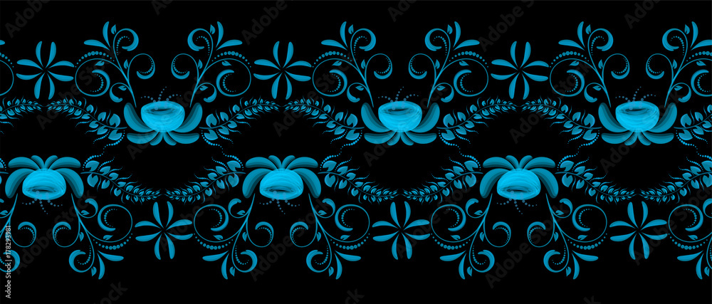 Traditional Russian gzhel floral pattern. Art drawn blue vintage ethnic pottery. Russia ornate decor frame. National souvenir retro vector illustration folk textile graphic. Curl background