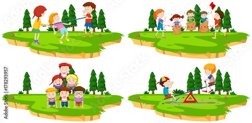 Children play different games in the park