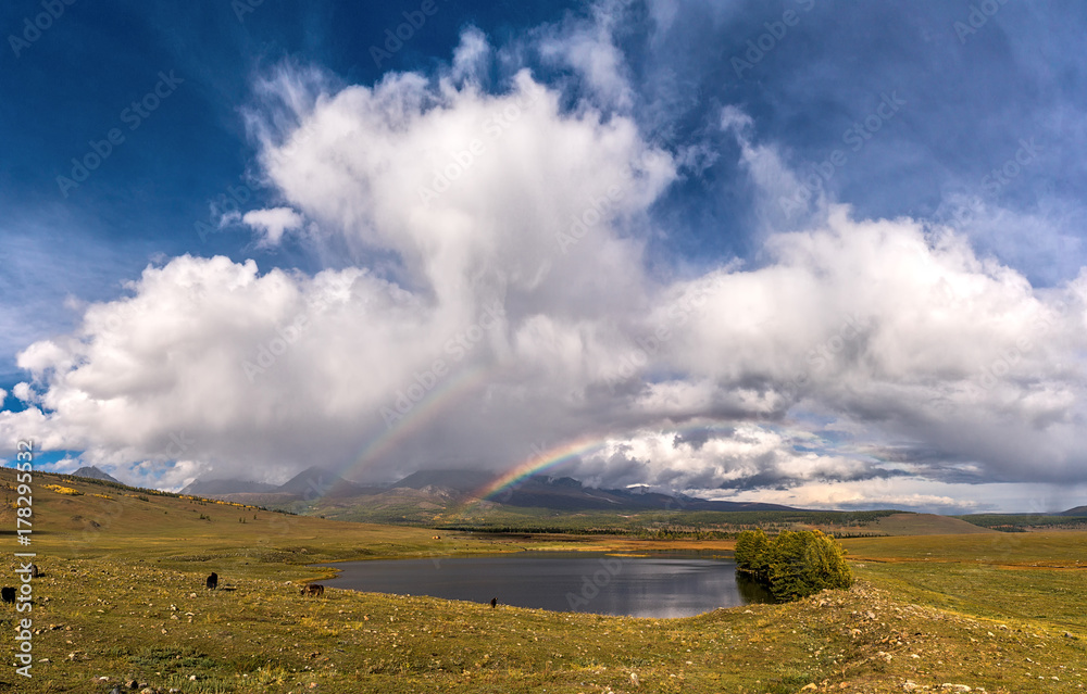 Double rainbow over Lake Huh-Nur in Mongolia