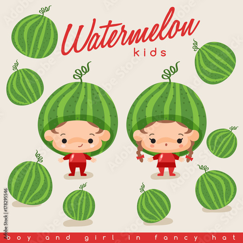 Boy and girl wearing Fruit shaped hat : Vector Illustration