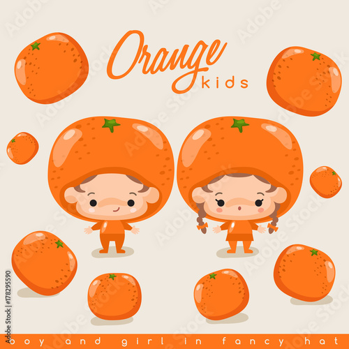 Boy and girl wearing Fruit shaped hat : Vector Illustration