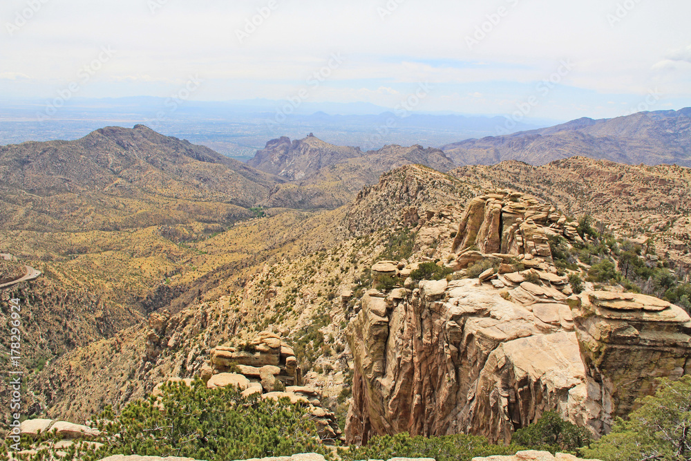 View towards Tucson from Windy Point on Mount Lemmon in Tucson, Arizona, USA in the Santa Catalina Mountains located in the Coronado National Forest with copy space.