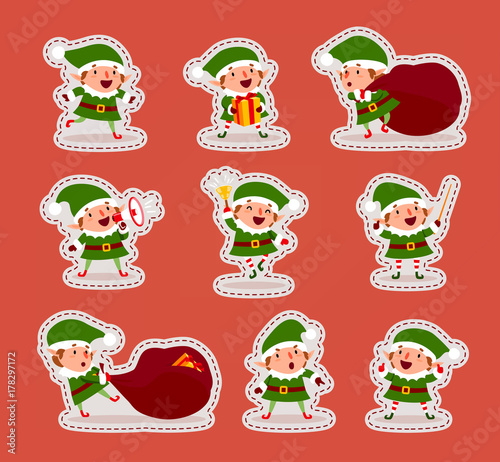 Set of cute Christmas elves. Stickers. Collection of playful Santa Claus helpers. Happy New Year, Merry Xmas design element. Vector