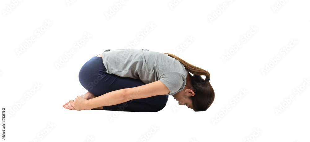Young asian woman practicing yoga, sitting in easy pose on white background. Young asian woman practicing yoga, sitting in easy pose on white background.