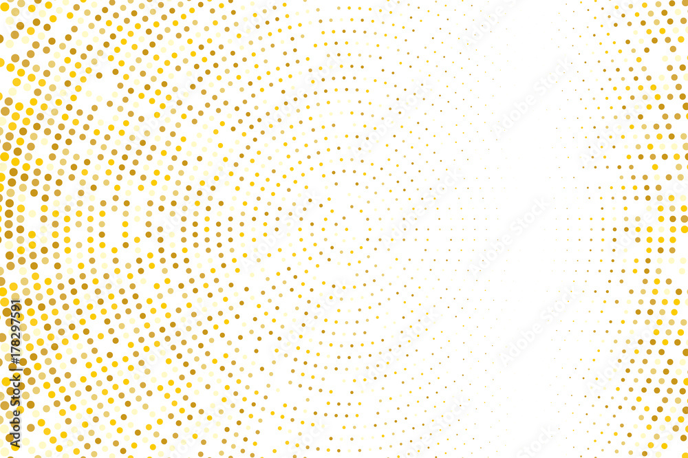 Abstract futuristic halftone pattern. Comic background. Dotted backdrop with circles, dots, point small scale. Gold, golden glitter